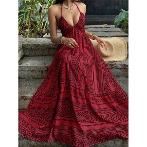 Red Digital Print Fitted Waist Backless Tie Strap Dress, French - Thumbnail 7