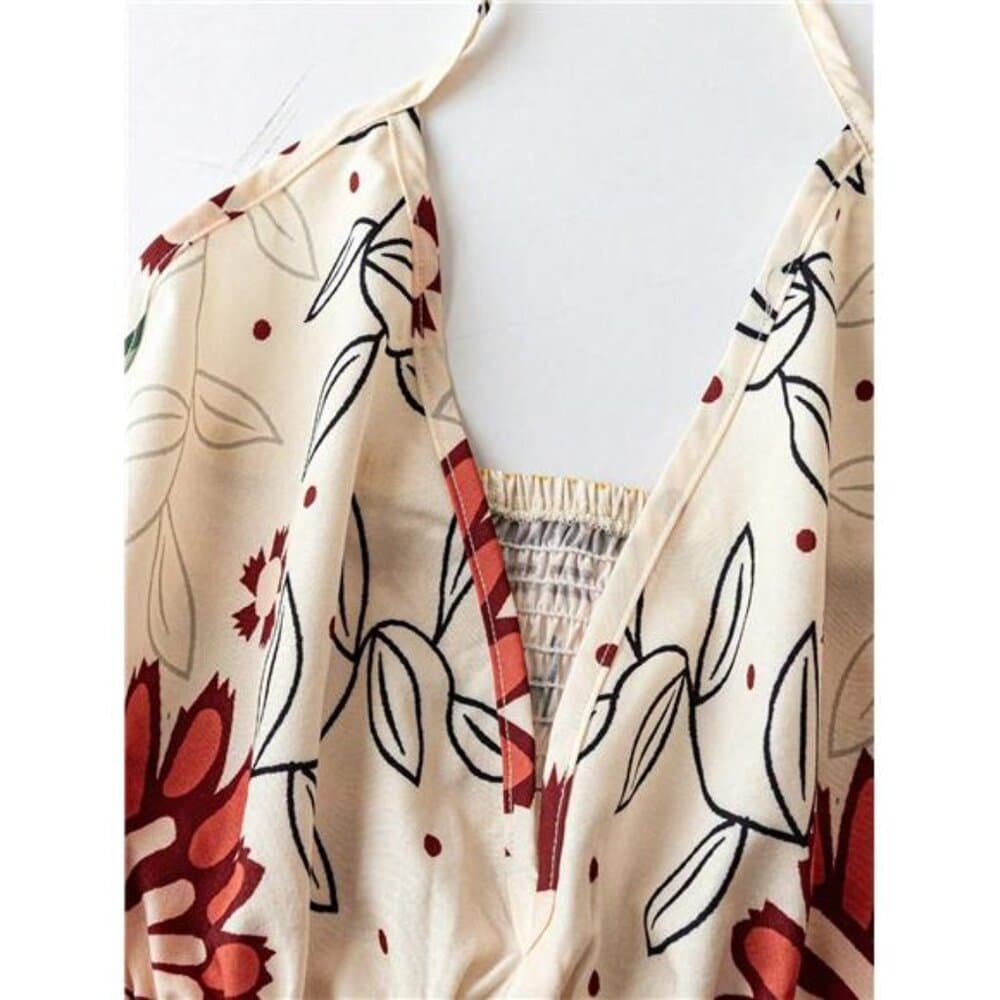 Resort Floral Print Backless Drawstring Dress - Thumbnail 4