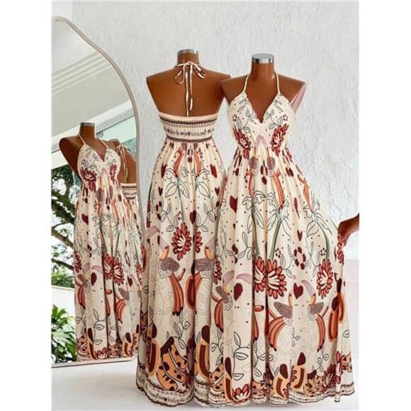 Resort Floral Print Backless Drawstring Dress - Thumbnail 6