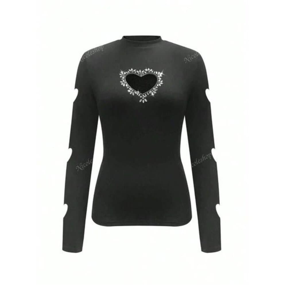Women's Fashion Stand Collar Heart Cutout Rhinestones Decorated Long Sleeve - Thumbnail 12