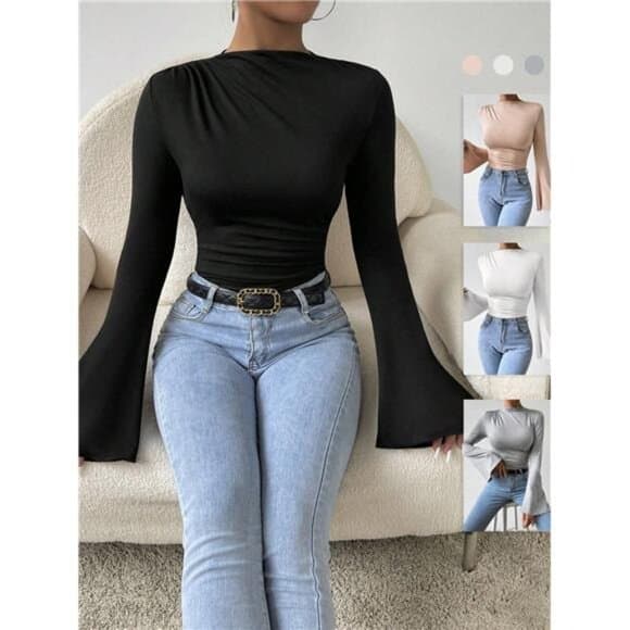 Mock Neck Flare Sleeve Bodysuit - Thumbnail 8