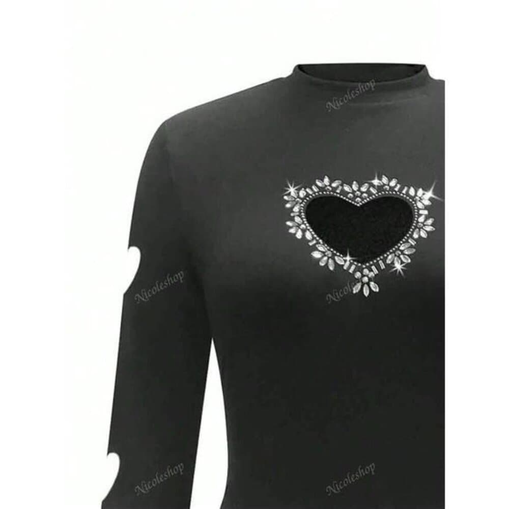 Women's Fashion Stand Collar Heart Cutout Rhinestones Decorated Long Sleeve - Thumbnail 8