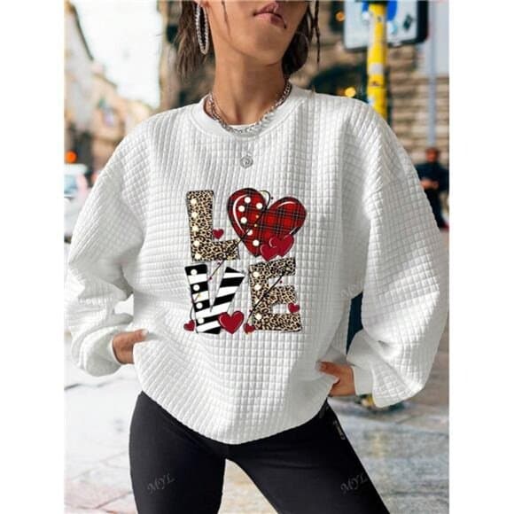 Valentine's Day Leopard & Plaid Love Print Women's Casual Waffle Sweatshirt - Thumbnail 4