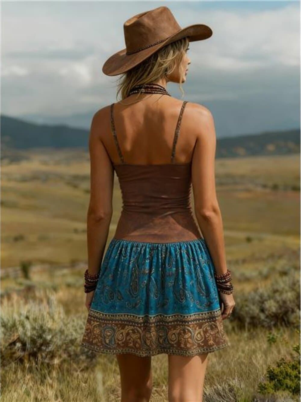 Women'S Vintage Western Paisley Print V-Neck Mini Dress - Thumbnail 4
