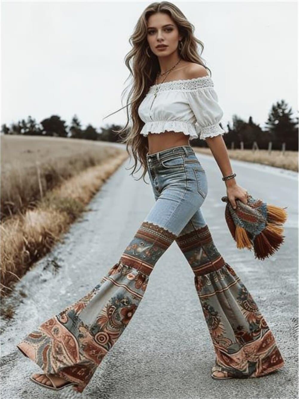 Faux Denim, New Vintage Printed High-Waisted Pocket Jeans, Loose Casual - Thumbnail 5