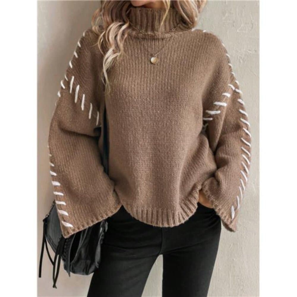 Women Contrast Color Patchwork Turtleneck Simple Knitted Sweater, Casual - Thumbnail 2