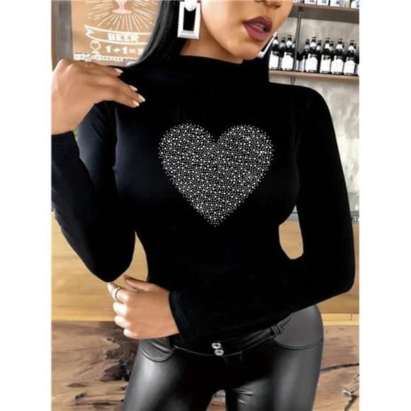 Heart Shaped Print Stand Collar Long Sleeve T-Shirt, Graphic Women Tee - Thumbnail 6
