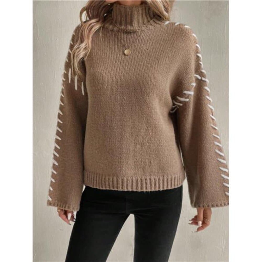 Women Contrast Color Patchwork Turtleneck Simple Knitted Sweater, Casual - Thumbnail 4