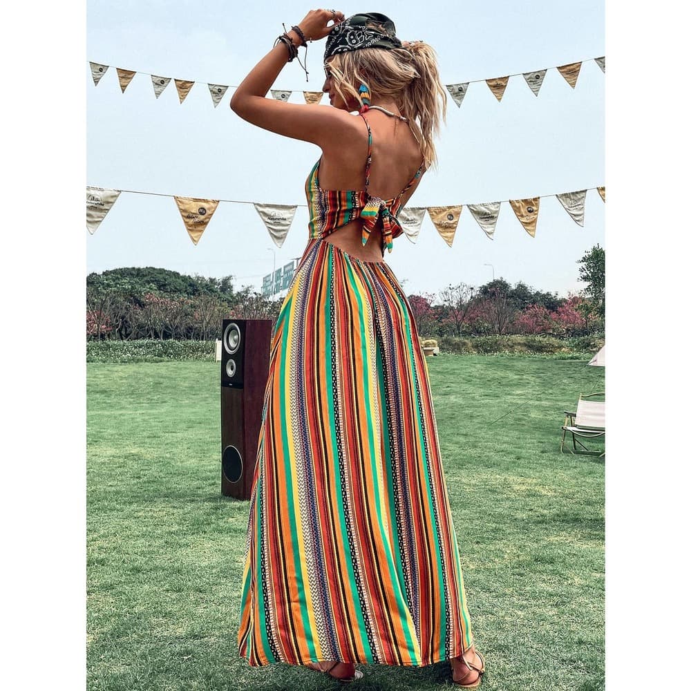 Colorful Striped Tie Back Cami Dress - Thumbnail 2