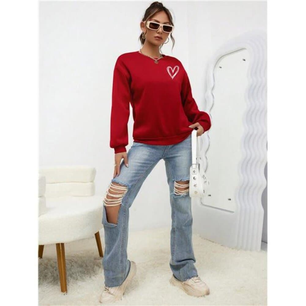 Heart Print Drop Shoulder Sweatshirt,Long Sleeve Tops - Thumbnail 9
