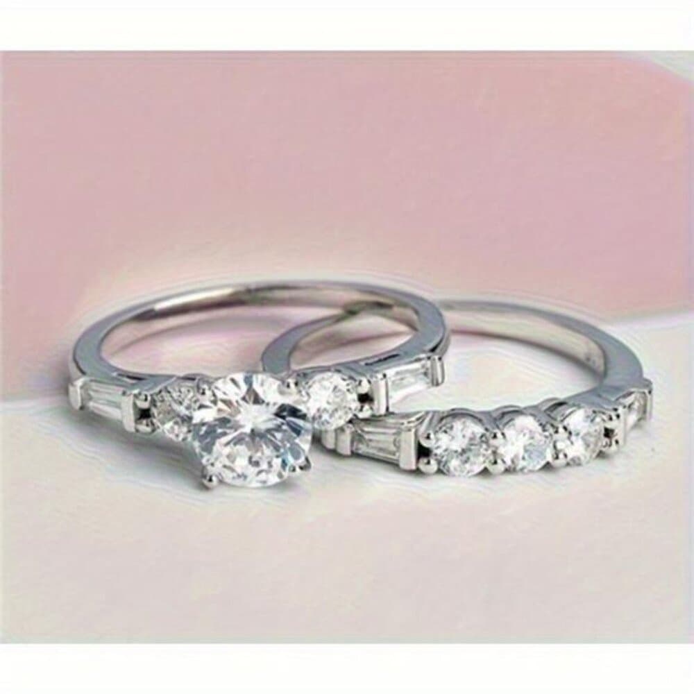 Women's Engagement Wedding Ring Two-Piece Set, 4.4 Gram Silvery Inlaid with - Thumbnail 4