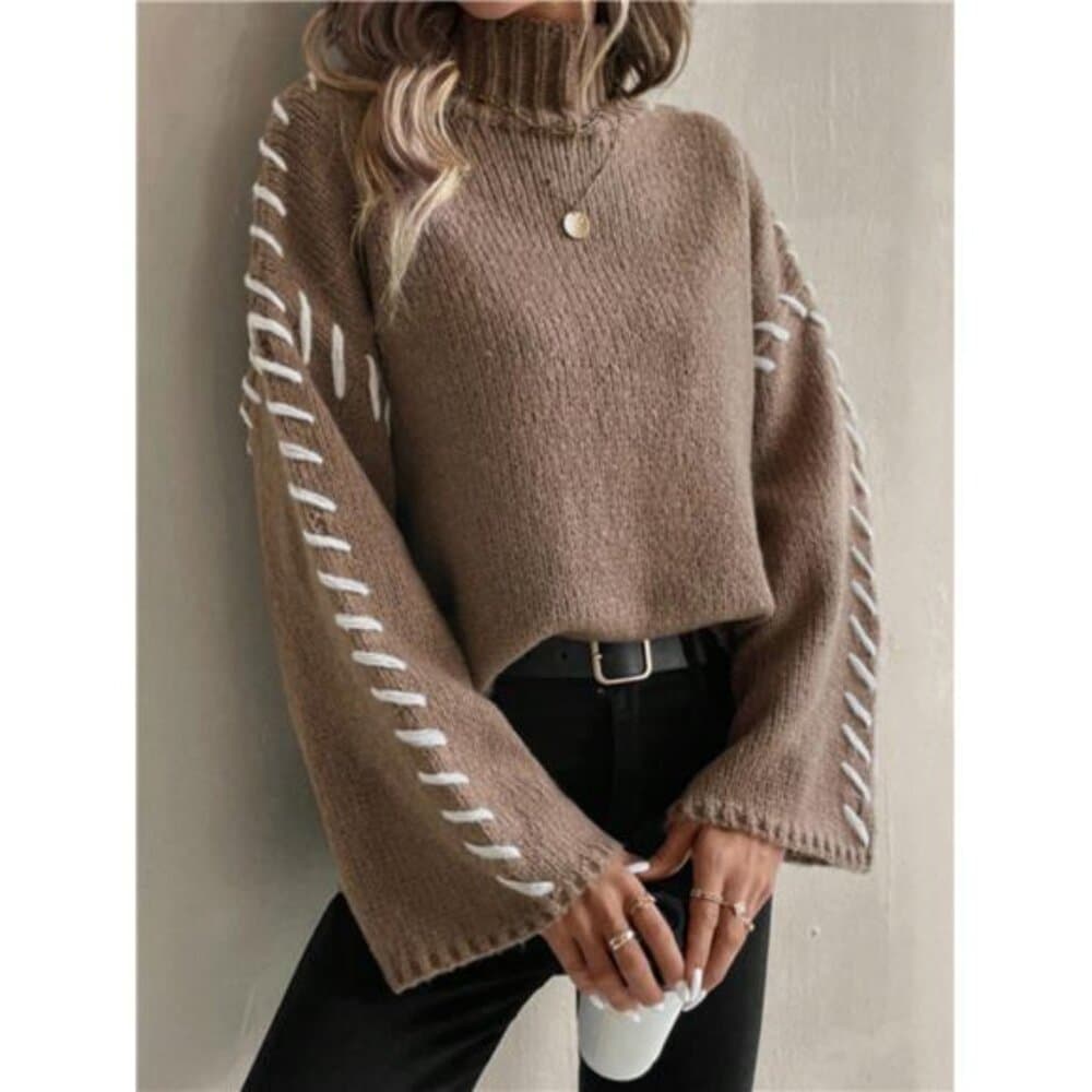 Women Contrast Color Patchwork Turtleneck Simple Knitted Sweater, Casual - Thumbnail 6