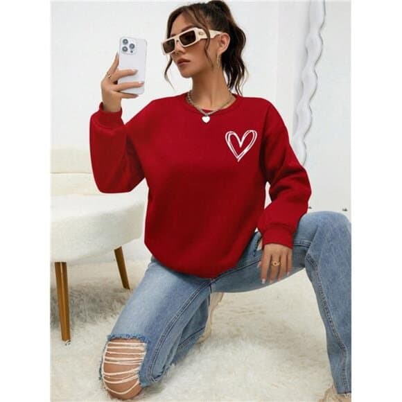 Heart Print Drop Shoulder Sweatshirt,Long Sleeve Tops - Thumbnail 11