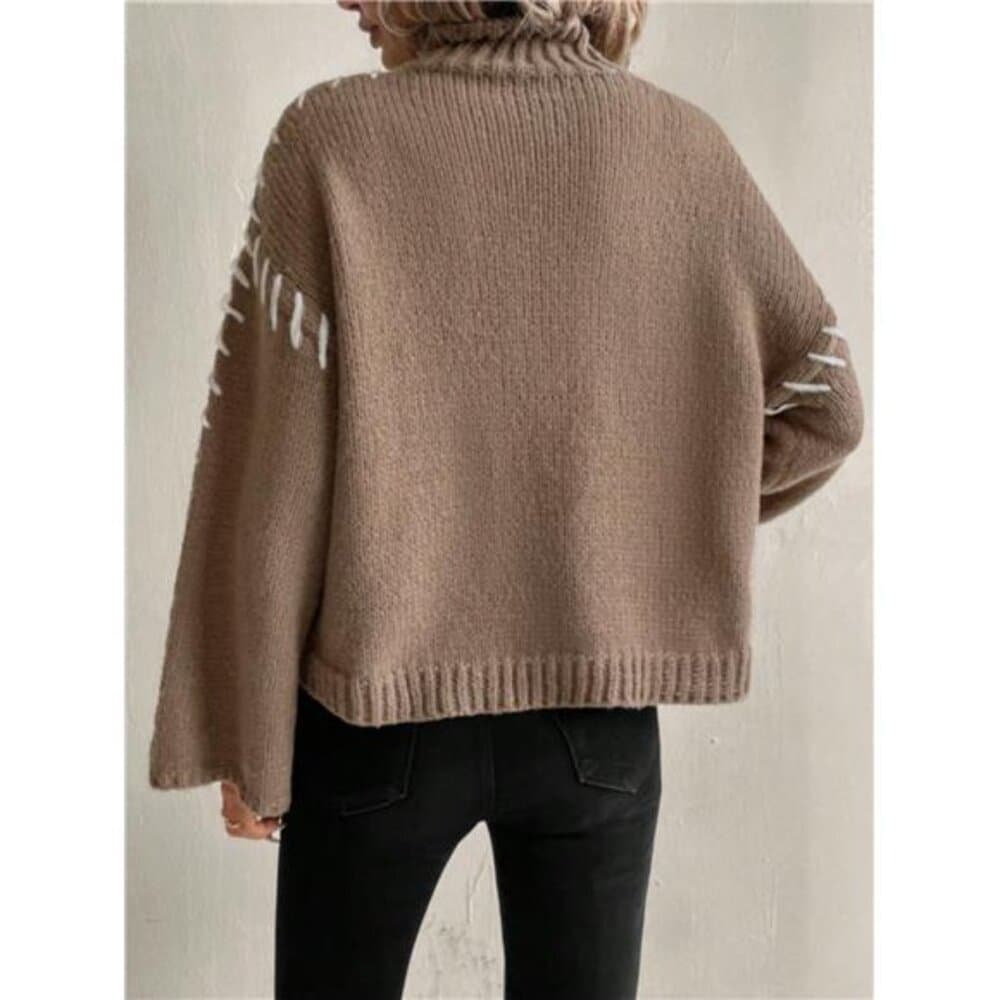 Women Contrast Color Patchwork Turtleneck Simple Knitted Sweater, Casual