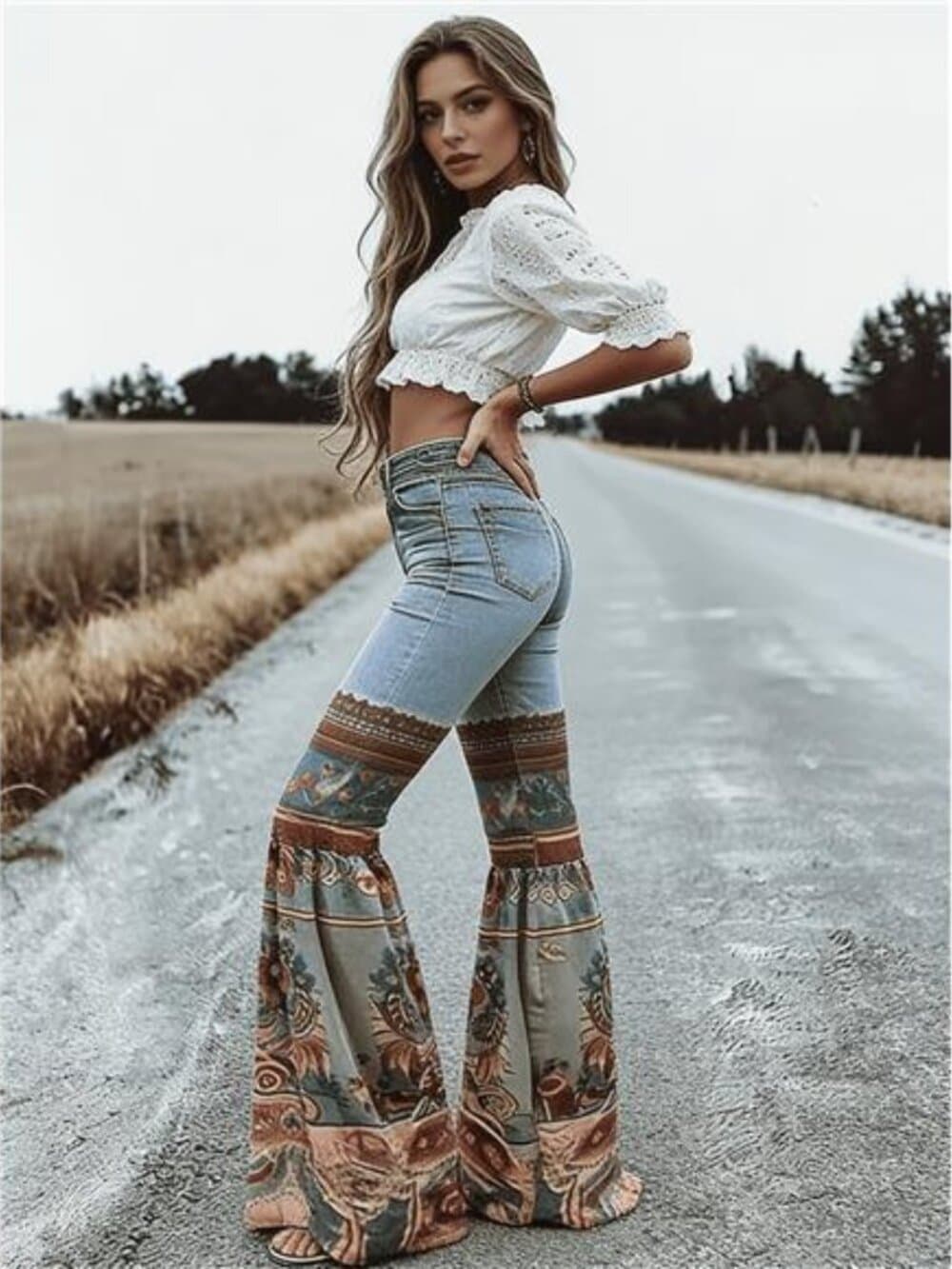 Faux Denim, New Vintage Printed High-Waisted Pocket Jeans, Loose Casual - Thumbnail 4