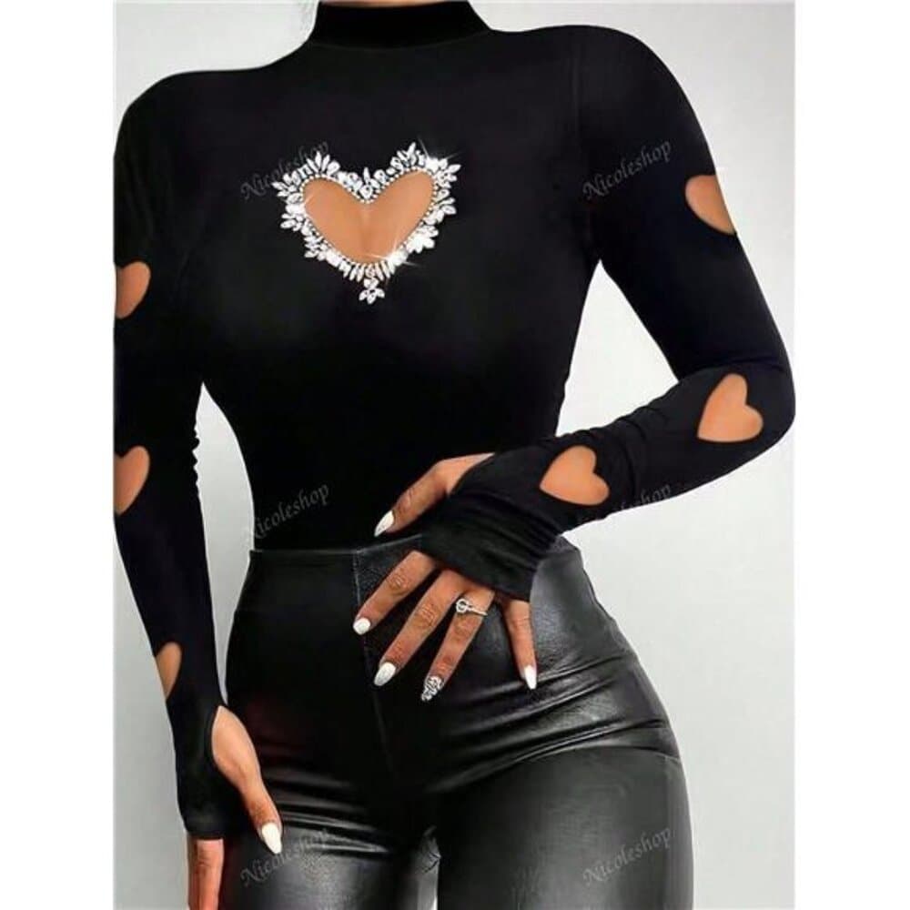 Women's Fashion Stand Collar Heart Cutout Rhinestones Decorated Long Sleeve - Thumbnail 15