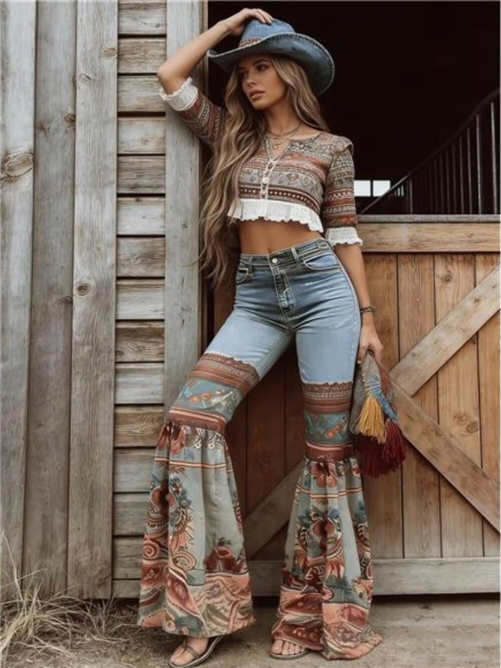 Faux Denim, New Vintage Printed High-Waisted Pocket Jeans, Loose Casual - Thumbnail 6
