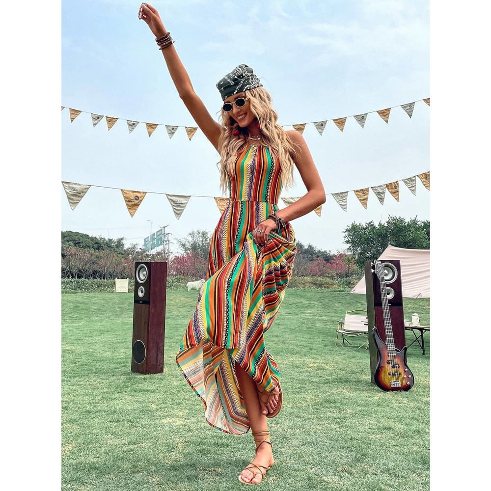 Colorful Striped Tie Back Cami Dress - Thumbnail 3