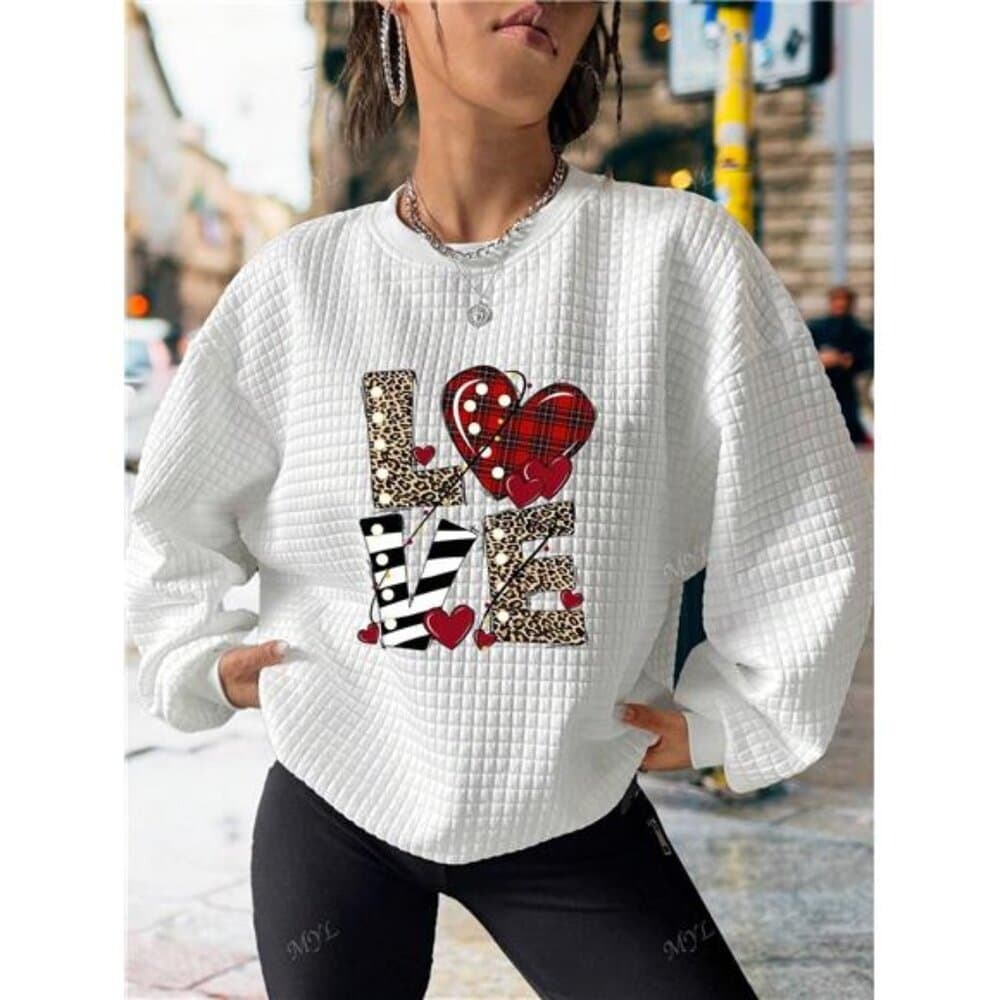 Valentine's Day Leopard & Plaid Love Print Women's Casual Waffle Sweatshirt - Thumbnail 3