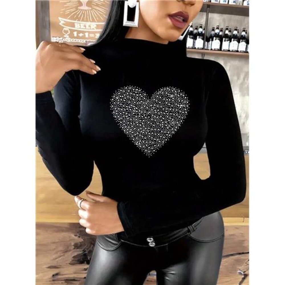 Heart Shaped Print Stand Collar Long Sleeve T-Shirt, Graphic Women Tee - Thumbnail 5