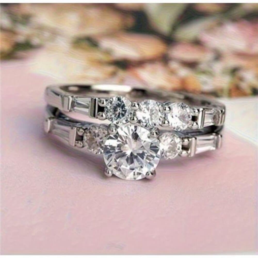 Women's Engagement Wedding Ring Two-Piece Set, 4.4 Gram Silvery Inlaid with - Thumbnail 3
