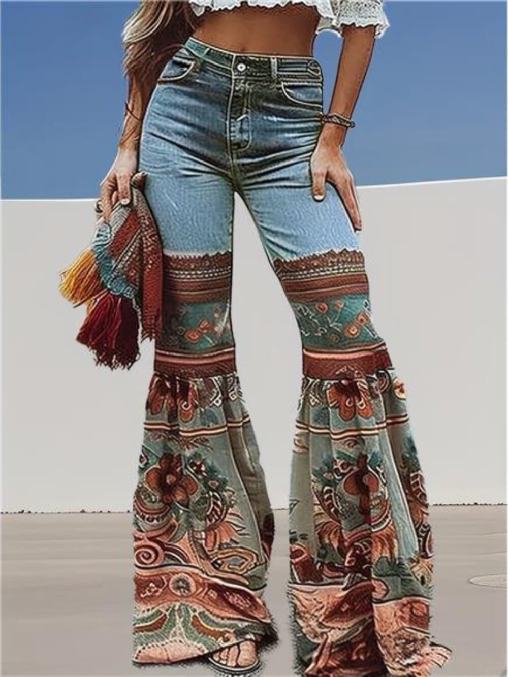 Faux Denim, New Vintage Printed High-Waisted Pocket Jeans, Loose Casual - Thumbnail 3