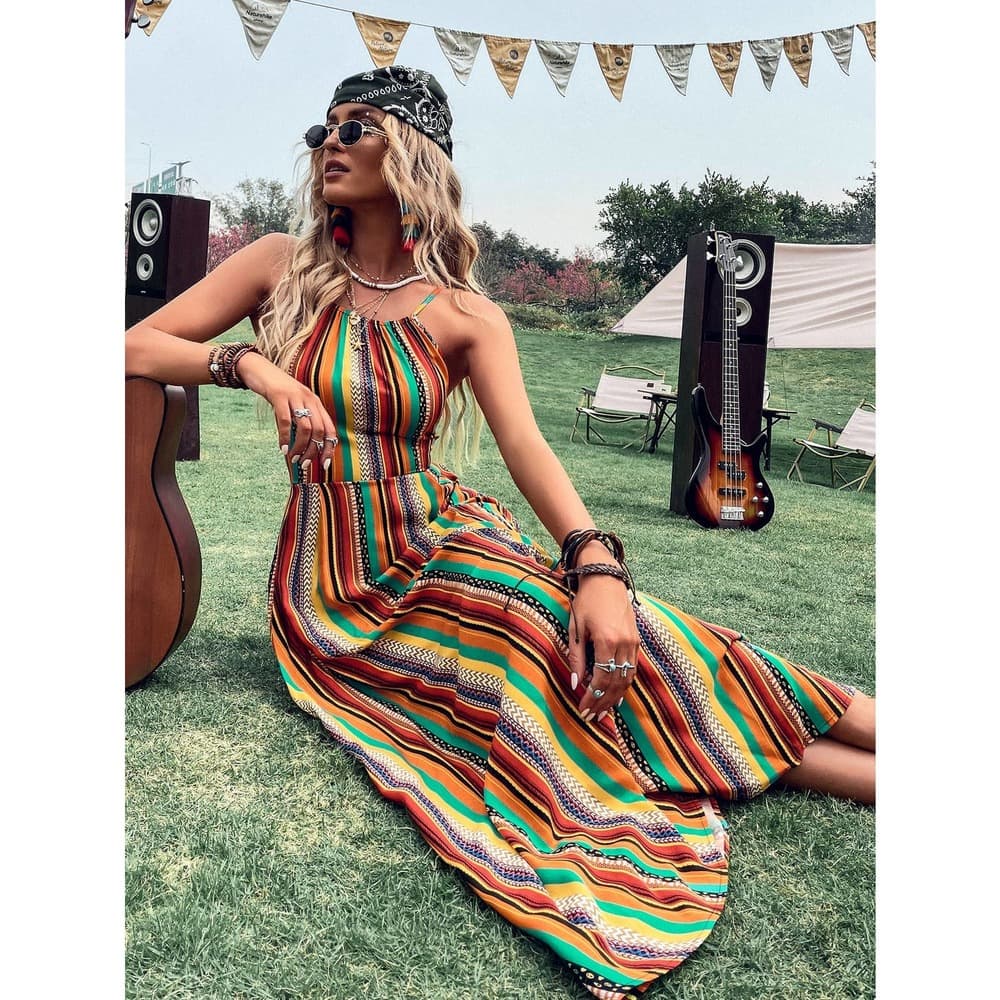 Colorful Striped Tie Back Cami Dress - Thumbnail 4