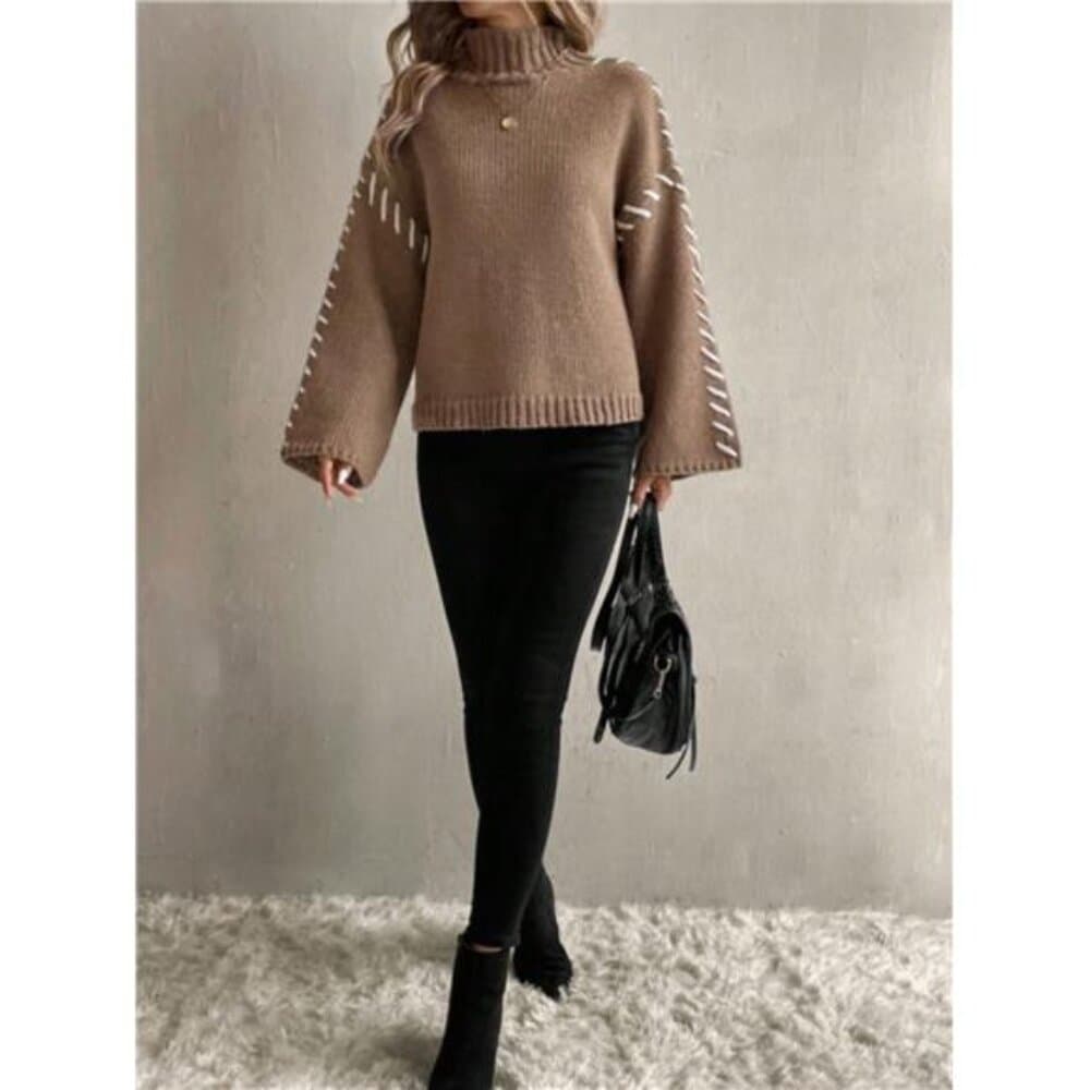 Women Contrast Color Patchwork Turtleneck Simple Knitted Sweater, Casual - Thumbnail 5
