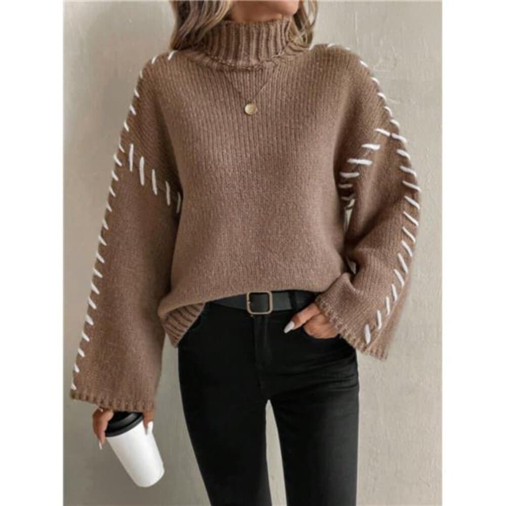Women Contrast Color Patchwork Turtleneck Simple Knitted Sweater, Casual - Thumbnail 3