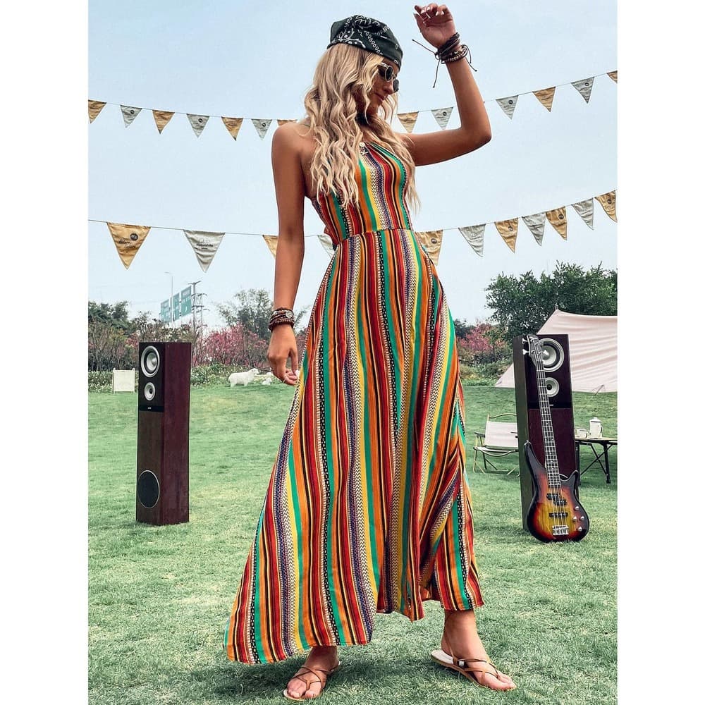 Colorful Striped Tie Back Cami Dress - Thumbnail 5