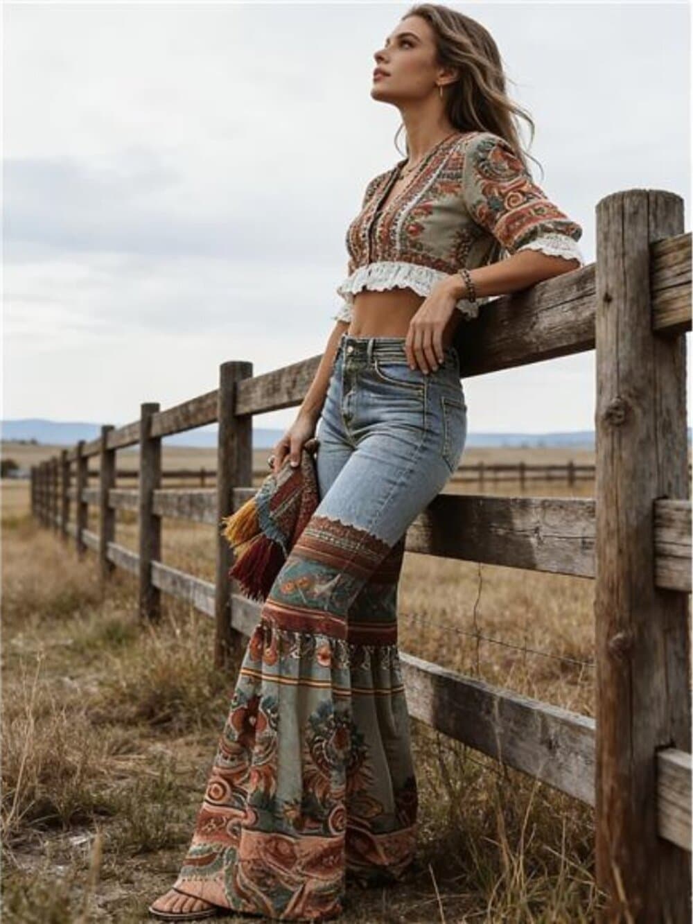Faux Denim, New Vintage Printed High-Waisted Pocket Jeans, Loose Casual - Thumbnail 7