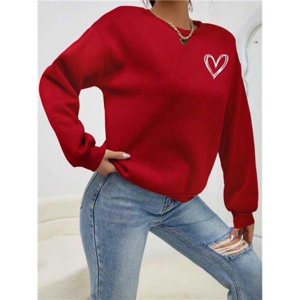 Heart Print Drop Shoulder Sweatshirt,Long Sleeve Tops - Thumbnail 8