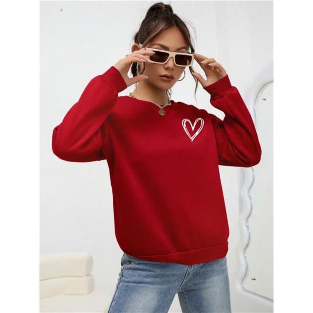 Heart Print Drop Shoulder Sweatshirt,Long Sleeve Tops - Thumbnail 7