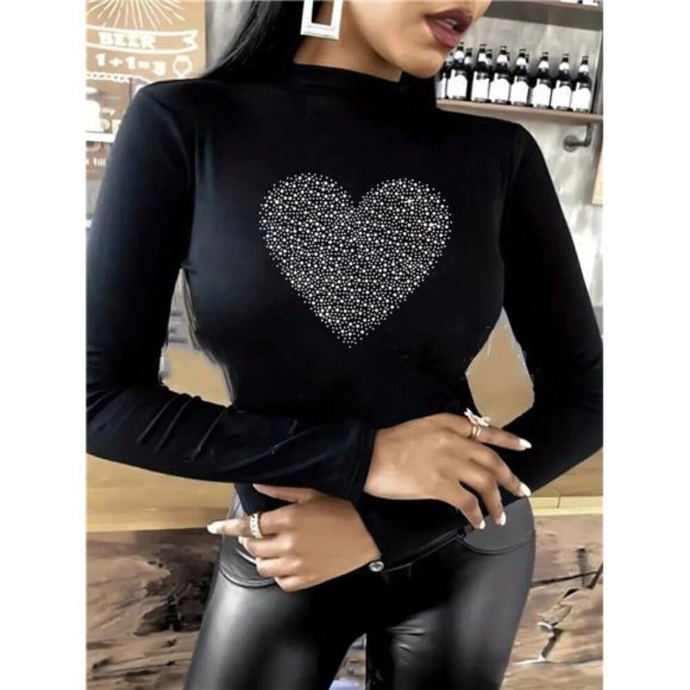 Heart Shaped Print Stand Collar Long Sleeve T-Shirt, Graphic Women Tee - Thumbnail 2