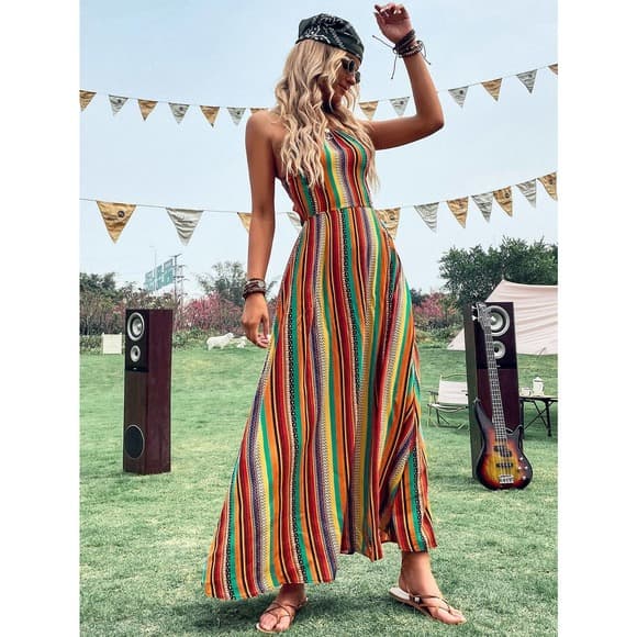 Colorful Striped Tie Back Cami Dress - Thumbnail 6