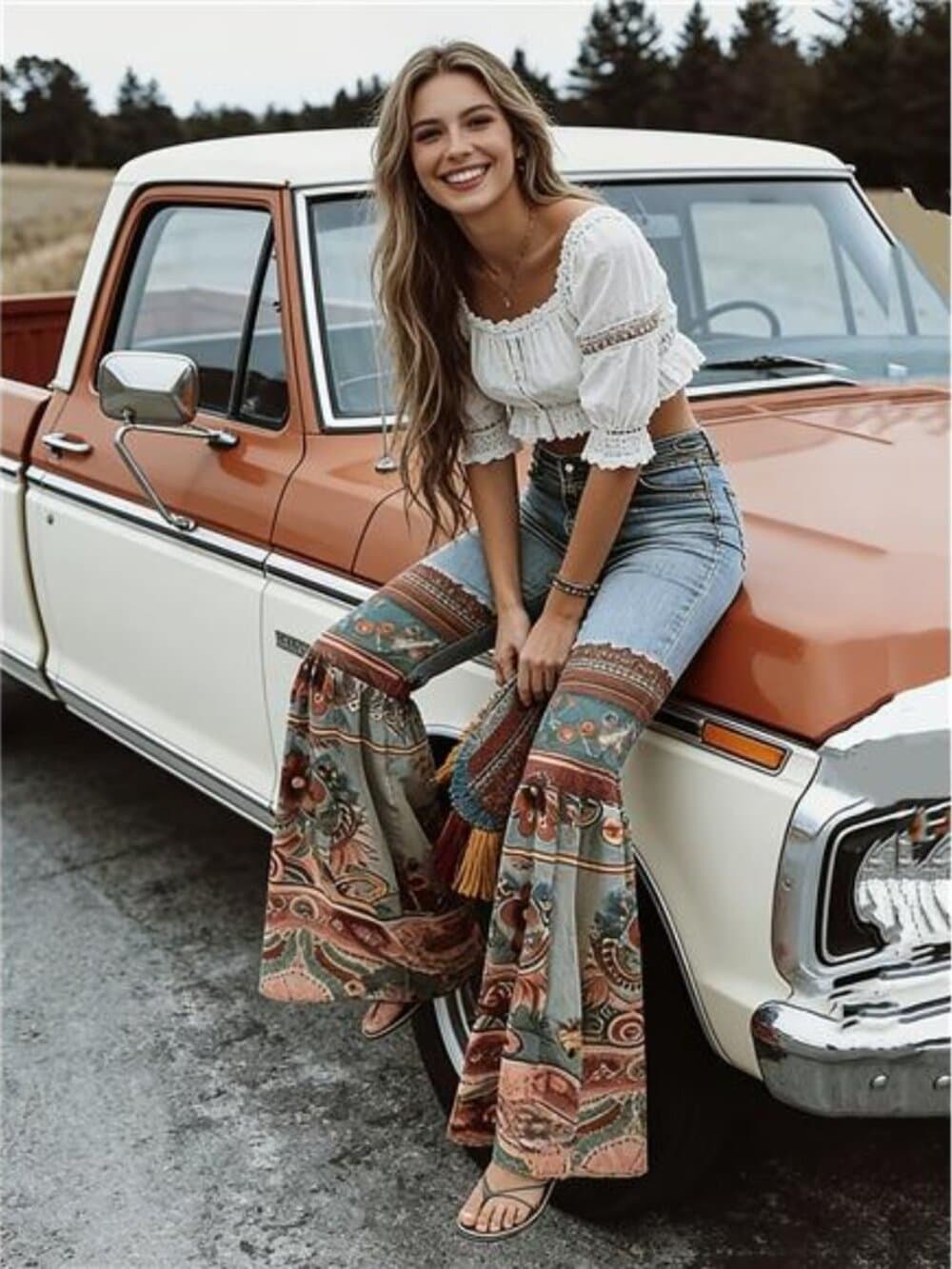 Faux Denim, New Vintage Printed High-Waisted Pocket Jeans, Loose Casual - Thumbnail 8