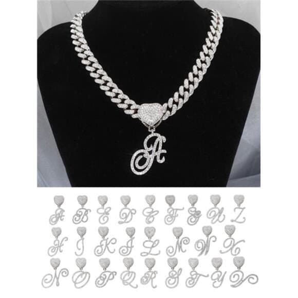Flower & Grass Font Alphabet Pendant Necklace With Heart-shaped Clasp Rhinestop - Thumbnail 5