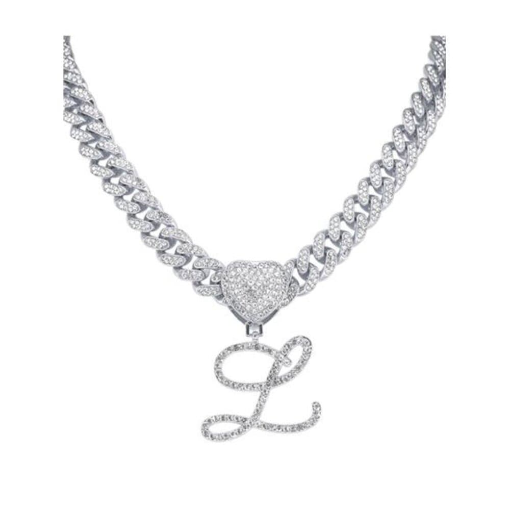 Flower & Grass Font Alphabet Pendant Necklace With Heart-shaped Clasp Rhinestop - Thumbnail 3