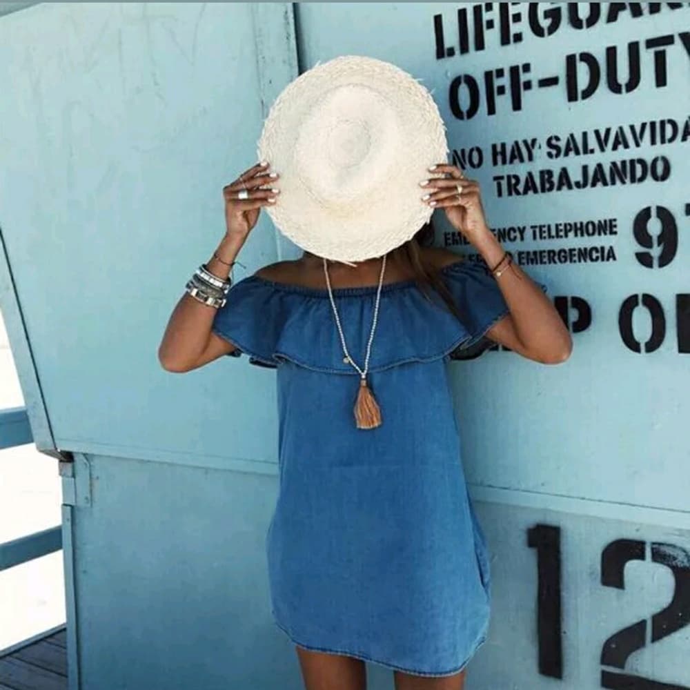 Beautiful Jean Ruffle Off Shoulder Dress - Thumbnail 2