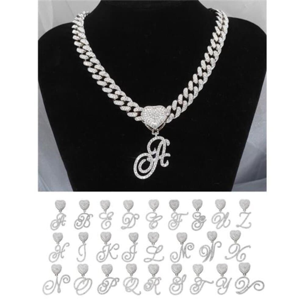 Flower & Grass Font Alphabet Pendant Necklace With Heart-shaped Clasp Rhinestop - Thumbnail 4
