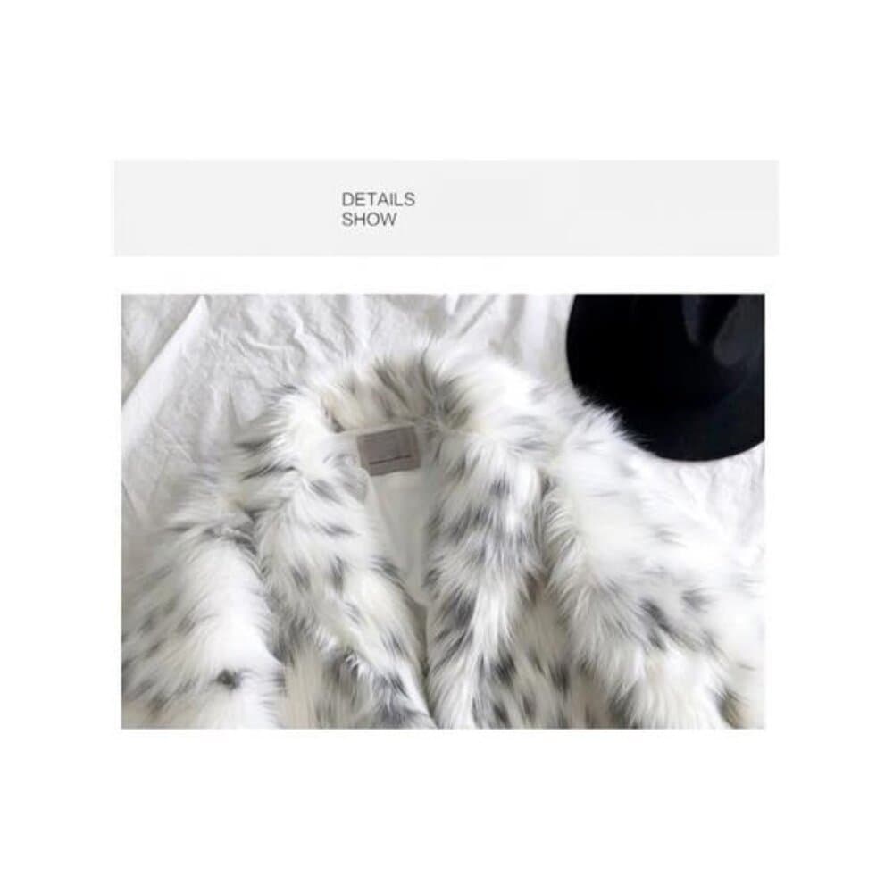 Black And White Leopard Print Women's Faux Fur Coat with Fashionable Long - Thumbnail 5