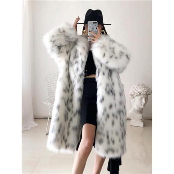 Black And White Leopard Print Women's Faux Fur Coat with Fashionable Long - Thumbnail 8