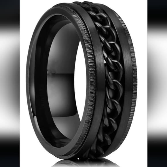 Black Men's Stainless Steel Decore Ring - Thumbnail 4
