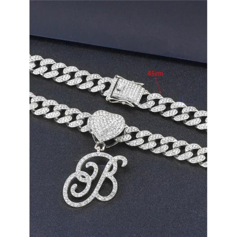 Flower & Grass Font Alphabet Pendant Necklace With Heart-shaped Clasp Rhinestop - Thumbnail 2