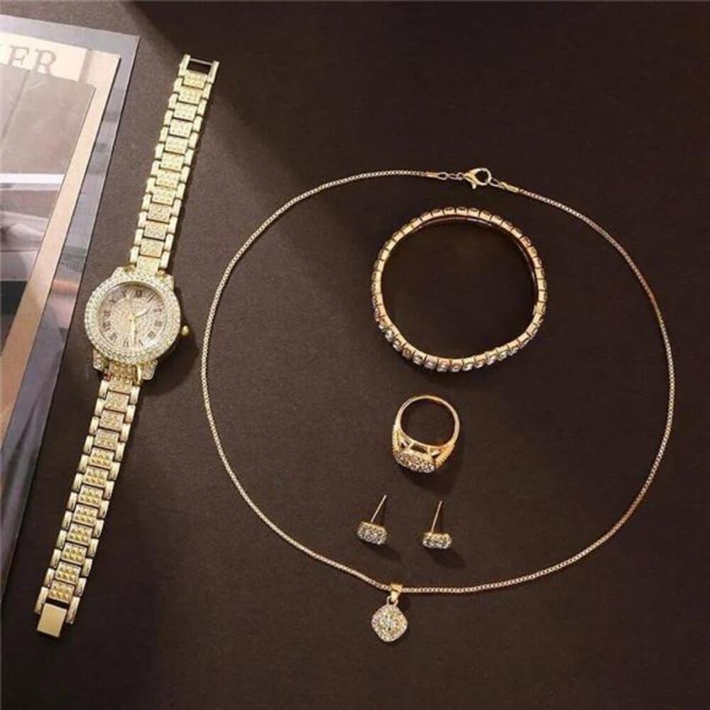Set of Jewelry Including a Golden Watch, Ring, Necklace, Earrings - Thumbnail 2