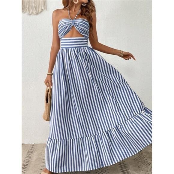 Vacation Striped Print Cut Out Ruffle Hem One Piece Summer Beach Halter Dress - Thumbnail 7