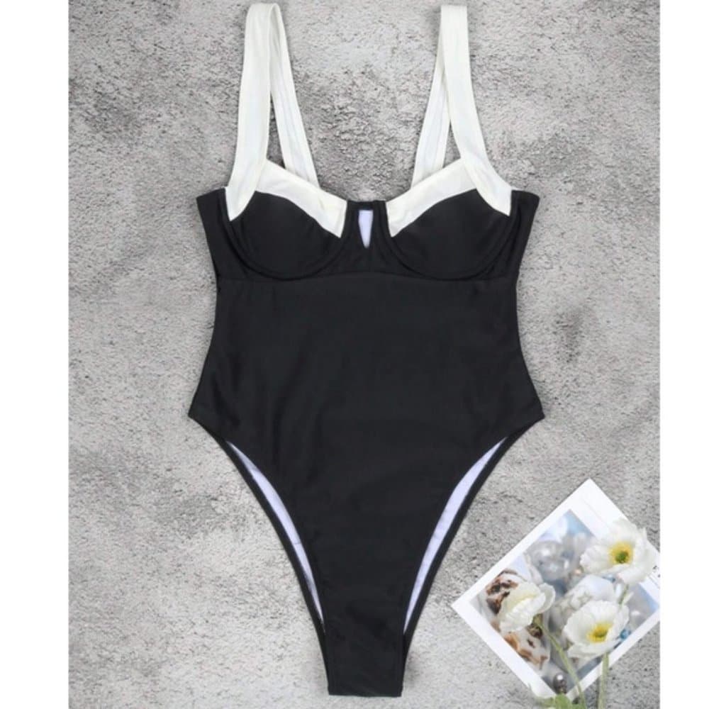 Color Block High Cut Bottom One Piece Monokini Swim - Thumbnail 2