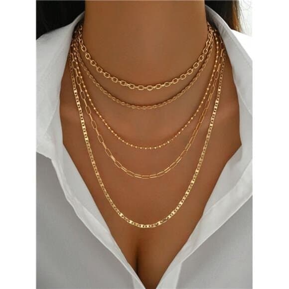 5pcs/Set Simple Braided Bead Chain Necklaces, Gold Tone, Layered Pendant - Thumbnail 6