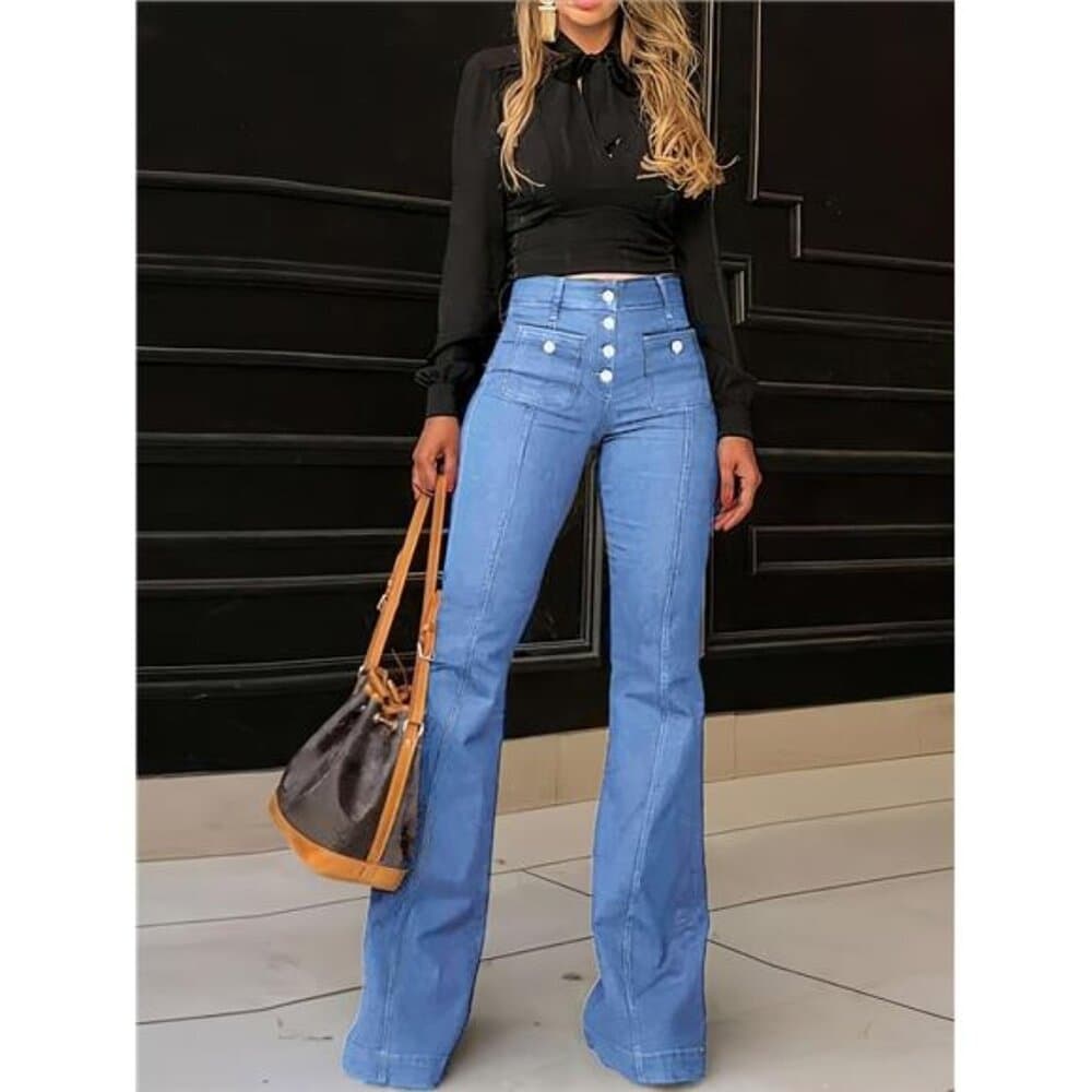Retro Denim High-Waisted Vintage Bell Bottom Jeans - Thumbnail 3