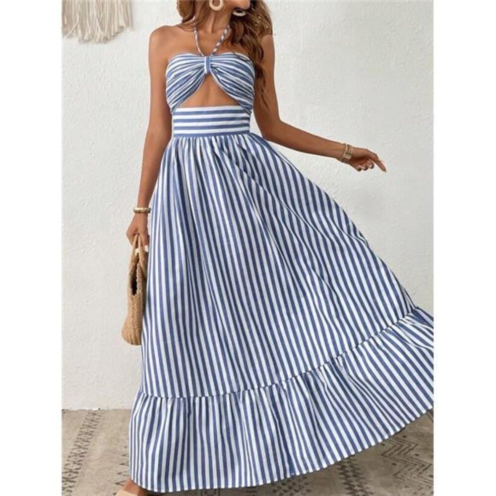 Vacation Striped Print Cut Out Ruffle Hem One Piece Summer Beach Halter Dress - Thumbnail 6